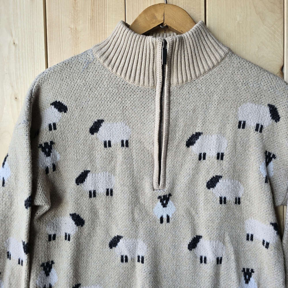 Ricki's Sheep Lamb Print 1/4 Zip Long Sleeve Pullover Tan Sweater Medium - Picture 2 of 12